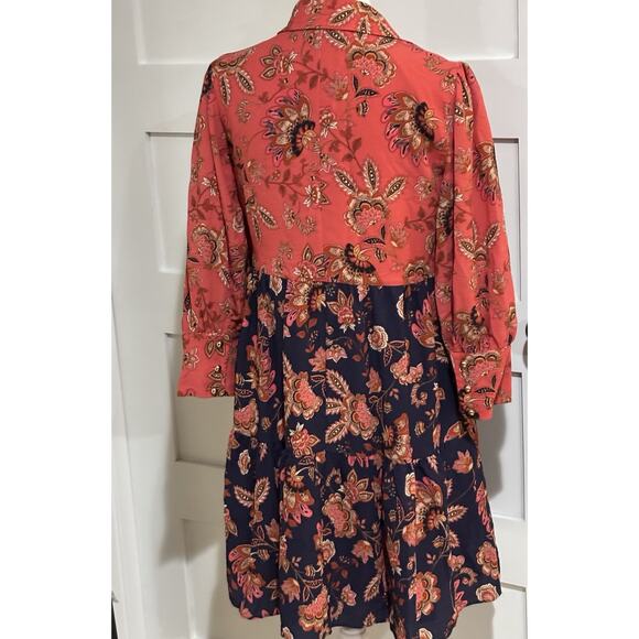 Vince Camuto 4P Dress Coral & Navy Blue Floral Dress Long Sl Gold Buttons - Picture 4 of 7